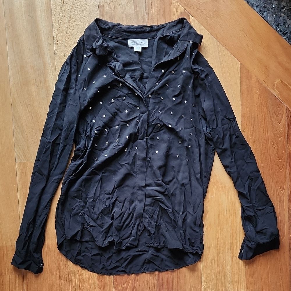 Velvet Black Button Down Shirt with Stud Accents - Women's Size Small